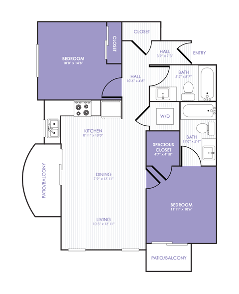 Floor plan for 2 beds, 2 baths, 981 sqft
